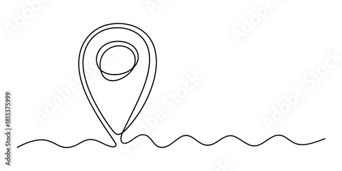 Continuous line drawing of a location map pin pointer icon with a wavy path, representing navigation, travel, route finding.