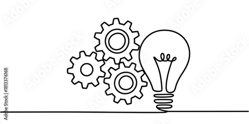 Continuous line drawing of three interlocking gears and a bright lightbulb, symbolizing innovation, collaborative process, and creative ideas.