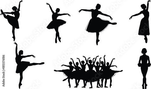 Ballet dancer silhouettes vector set, graceful female performers in various poses and a group of dancers, ideal for theatre, dance studio, or artistic performance graphics.