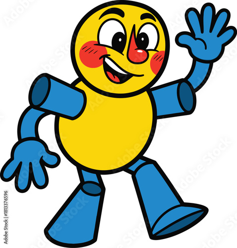 Cartoon character waving hello with big smile and red cheeks