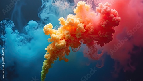 Vibrant abstract composition features plumes of colorful smoke with shades of yellow, orange, red, and blue against a dark background, showcasing a captivating display of color and texture, 
