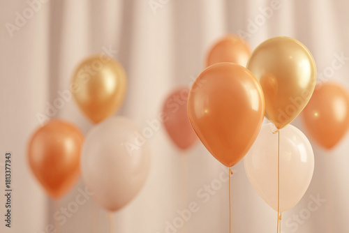 Elegant Scandinavian Greeting Card with Orange and Gold Balloons, Minimal Luxurious Festive Design