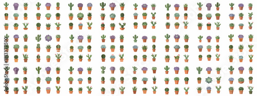 Seamless pattern of potted succulents and cacti vector icons, showcasing diverse desert plants like echeveria, aloe, and prickly pear on a white background.