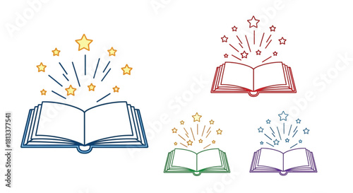 An open book with sparkling stars radiating from its pages imagination unleashed