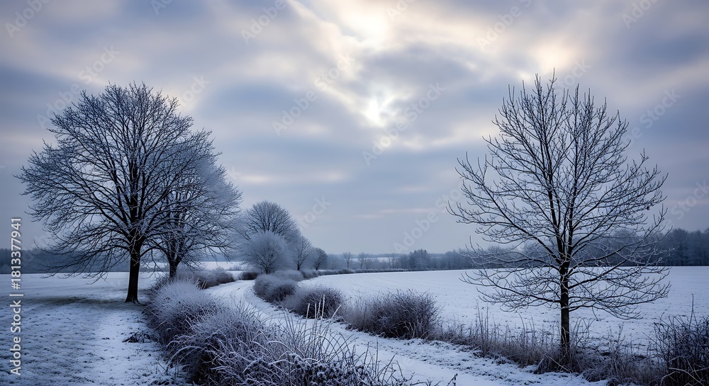Fototapeta premium Winter wonderland landscape with snow covered fields and frosted trees beauty