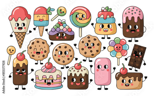 Delightful cartoon sweets characters for fun designs cute ice cream cookies and candy faces ideal for kids party invitations stickers and cheerful themes
