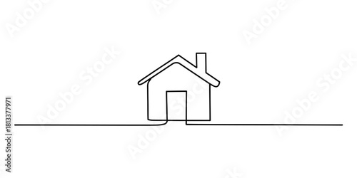 Continuous line drawing of a simple house with a chimney and a single door, representing home, real estate, and property concepts.