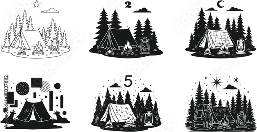 Outdoor camping vector illustration set, various scenes featuring tents, pine forests, campfires, and lanterns in monochrome style, perfect for wilderness and adventure graphics.