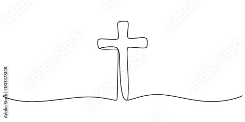 Minimalist continuous line art drawing of a christian cross symbol, representing faith, hope, and spirituality on a crisp white background.