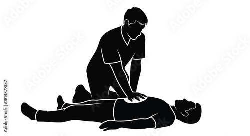 Silhouette depicting a person performing cpr on another individual