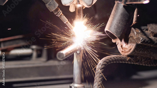 фотографія MIG TIG welding process on steel parts for heavy machinery repair