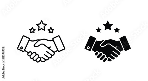 Handshake icons with stars above representing agreement and positive outcomes
