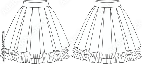 “Detailed vector CAD illustration of pleated layered skirt design with ruffle hem, fashion technical drawing template for apparel designers”
