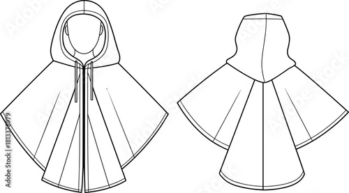 Elegant hooded cape poncho flat fashion sketch, detailed technical drawing with clean lines, front and back views for apparel design illustration