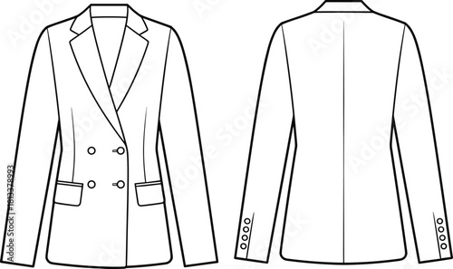 Elegant double breasted women’s blazer technical flat sketch, tailored fashion jacket vector illustration for apparel design, garment construction CAD template