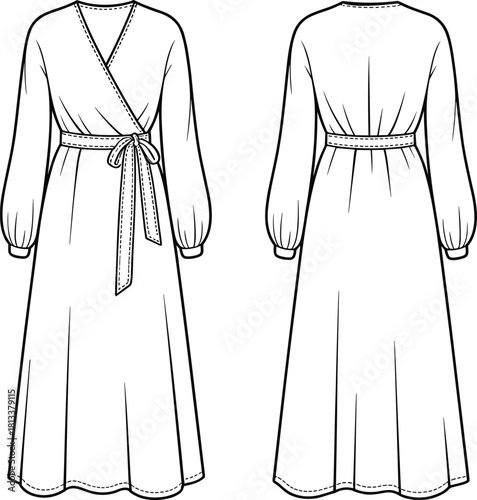 Elegant long sleeve wrap dress technical fashion flat sketch, detailed garment illustration for sewing pattern, clothing design template and apparel drafting