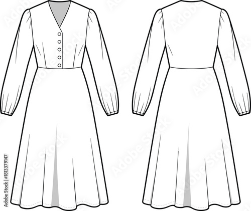 Elegant long-sleeve V-neck dress fashion flat sketch with button-front bodice and flared skirt technical drawing for apparel design illustration
