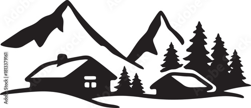 House on a snowy mountain in the forest vector illustration