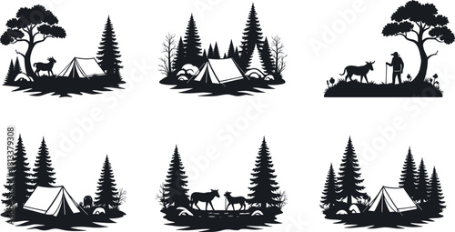 Wilderness camping vector silhouette set, illustrations featuring tents, pine forests, deer, moose, and an explorer, ideal for outdoor adventure, hiking, or wildlife tourism graphics.