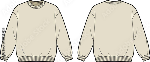 Minimalist beige sweatshirt front and back technical flat sketch, detailed apparel CAD illustration for fashion design, garment template vector drawing