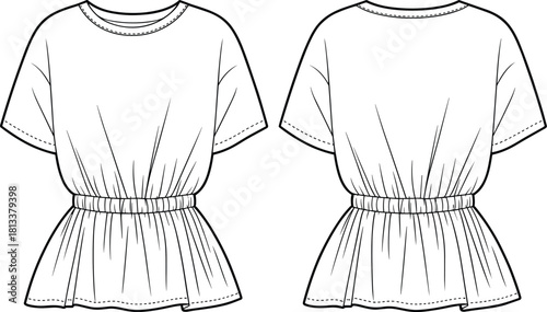 Flat vector illustration of women’s peplum top with elastic waist, short sleeves, detailed stitching, front and back technical fashion drawing, CAD template