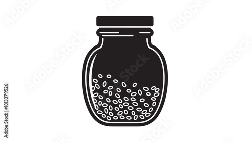 Black Jar with Small White Pellets Isolated on White Background