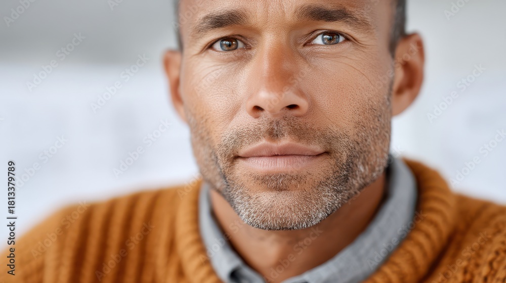 Obraz premium black entrepreneur working remotely concept. Confident man with a thoughtful expression in a cozy sweater.