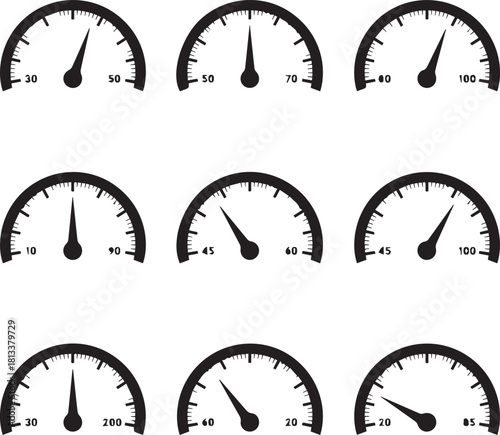 Gauge Readings Display: A series of gauge dials present diverse readings and measurements, offering insights into various data points or performance indicators, perfect for illustrating metrics.