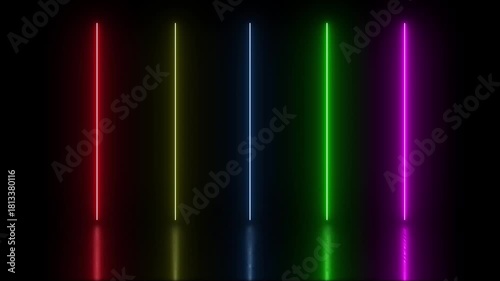 Colorful Neon Light Strips Illuminating Dark Background with Reflections and Vibrant Energy