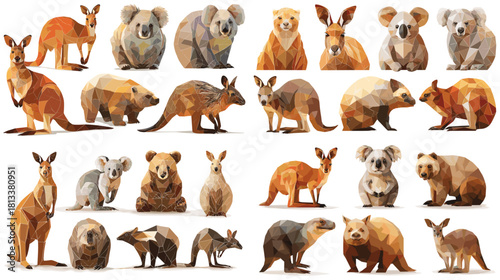 A detailed low poly illustration set of Australian wildlife including koalas, kangaroos, wombats, and quokkas. Ideal for nature themes, geometric art, education, and wildlife design projects.