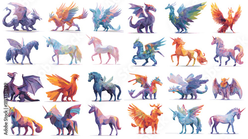 A vibrant fantasy illustration set featuring dragons, unicorns, pegasi, phoenixes, and mythical creatures in colorful artistic styles. Perfect for fantasy themes, gaming art, and creative designs.