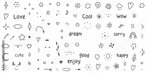 Collection of hand drawn doodle elements including hearts stars clouds rainbows and text phrases
