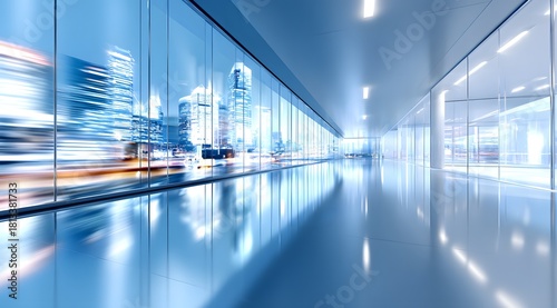 Futuristic glass building interior with dynamic city skyline reflection, modern architecture design and innovation concept of urban development and speed