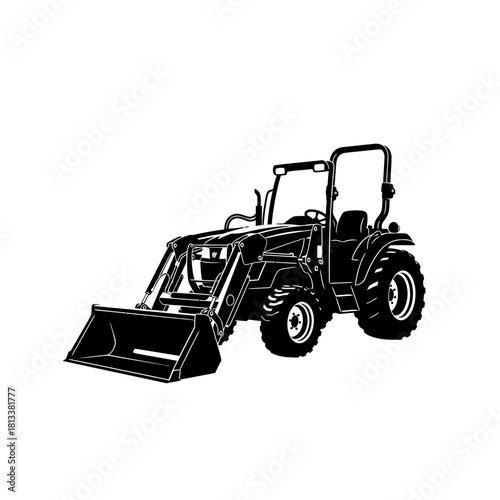 Technical Compact Utility Tractor Front End Loader Ridged Wheels Black and White Illustration
