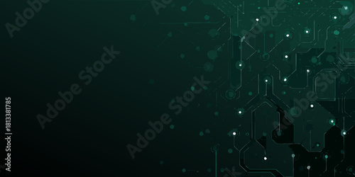 Dark abstract digital circuit board pattern with glowing nodes and connections on a gradient background