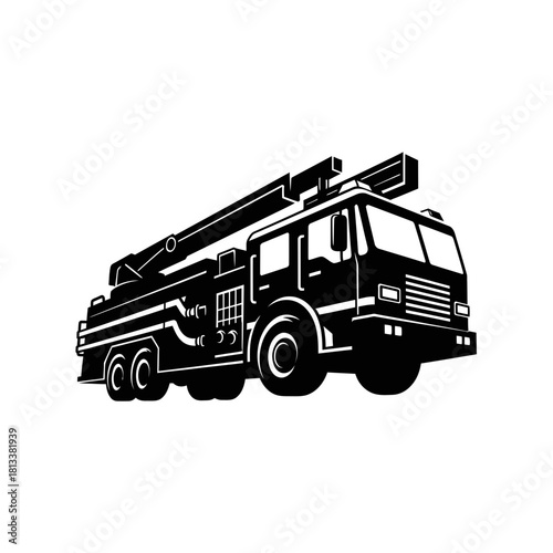 Functional Fire Truck with Ladder Extended Black and White Graphic Illustration