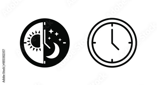 Dual icons depicting day and night alongside a simple analog clock face