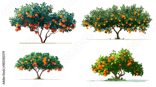 A vibrant illustration of orange trees filled with ripe citrus fruits and lush green leaves. Perfect for botanical artwork, agriculture themes, garden designs, and natural food visuals.