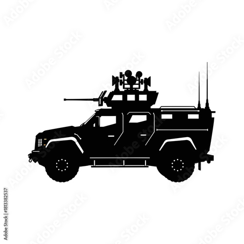 Rugged Tactical Military Off Road Reconnaissance Armored Truck Silhouette White Background
