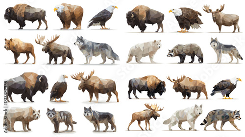 A detailed low poly illustration set of North American wildlife including bison, bears, wolves, moose, and eagles. Ideal for nature themes, geometric art, education, and wildlife design projects.