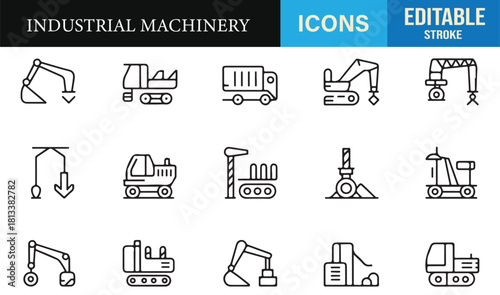 Editable stroke construction machinery icons ideal for engineering graphics and technical plans