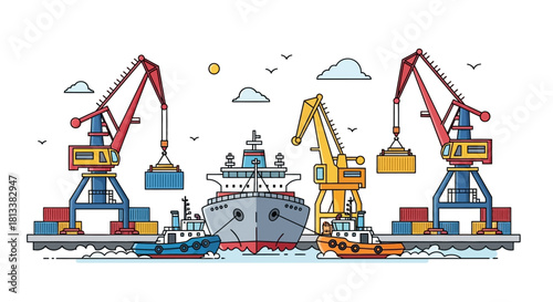 Port Loading and Unloading Operation Illustration with Cranes and Cargo Ship