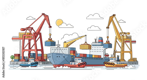 Cargo Ship and Cranes at Port - Stock Illustration of Maritime Trade