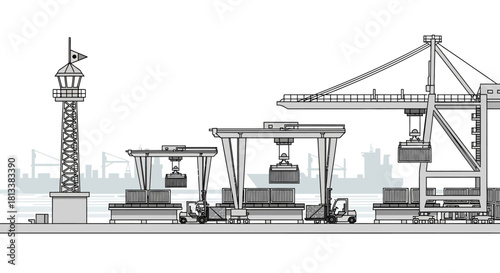 Industrial shipping port with cranes loading cargo onto ships, illustrating global logistics and trade operations