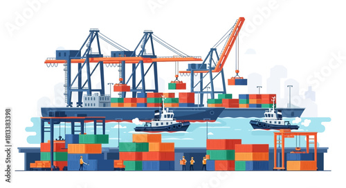 Busy Cargo Port with Cranes and Container Ship Illustration