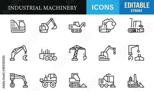 Vector heavy equipment set in editable stroke style for construction and engineering use