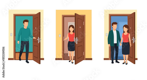People standing in doorways making choices or facing different paths ahead
