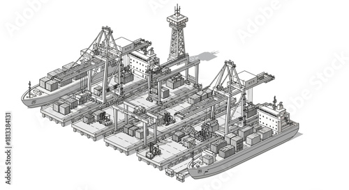 Isometric line art illustration of a bustling container port with large cargo ships being loaded and unloaded by gantry cranes at a dock