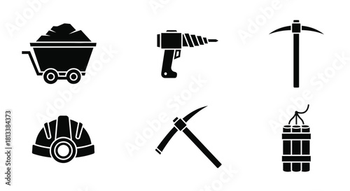 Mining tools and equipment icons set in a simple black silhouette style
