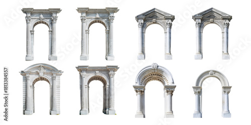 Classic stone archways with intricate details isolated on transparent background